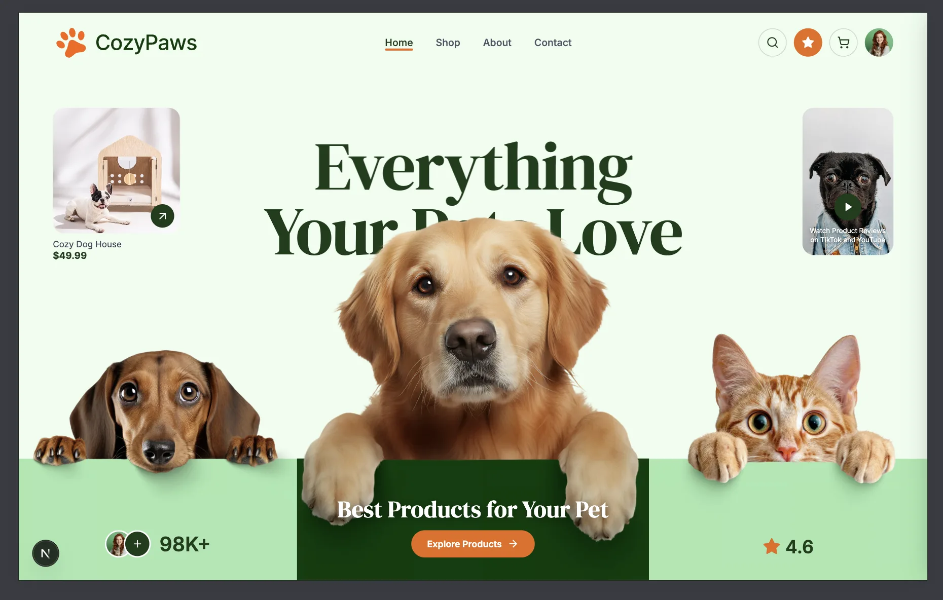 Screenshot of the CozyPaws website